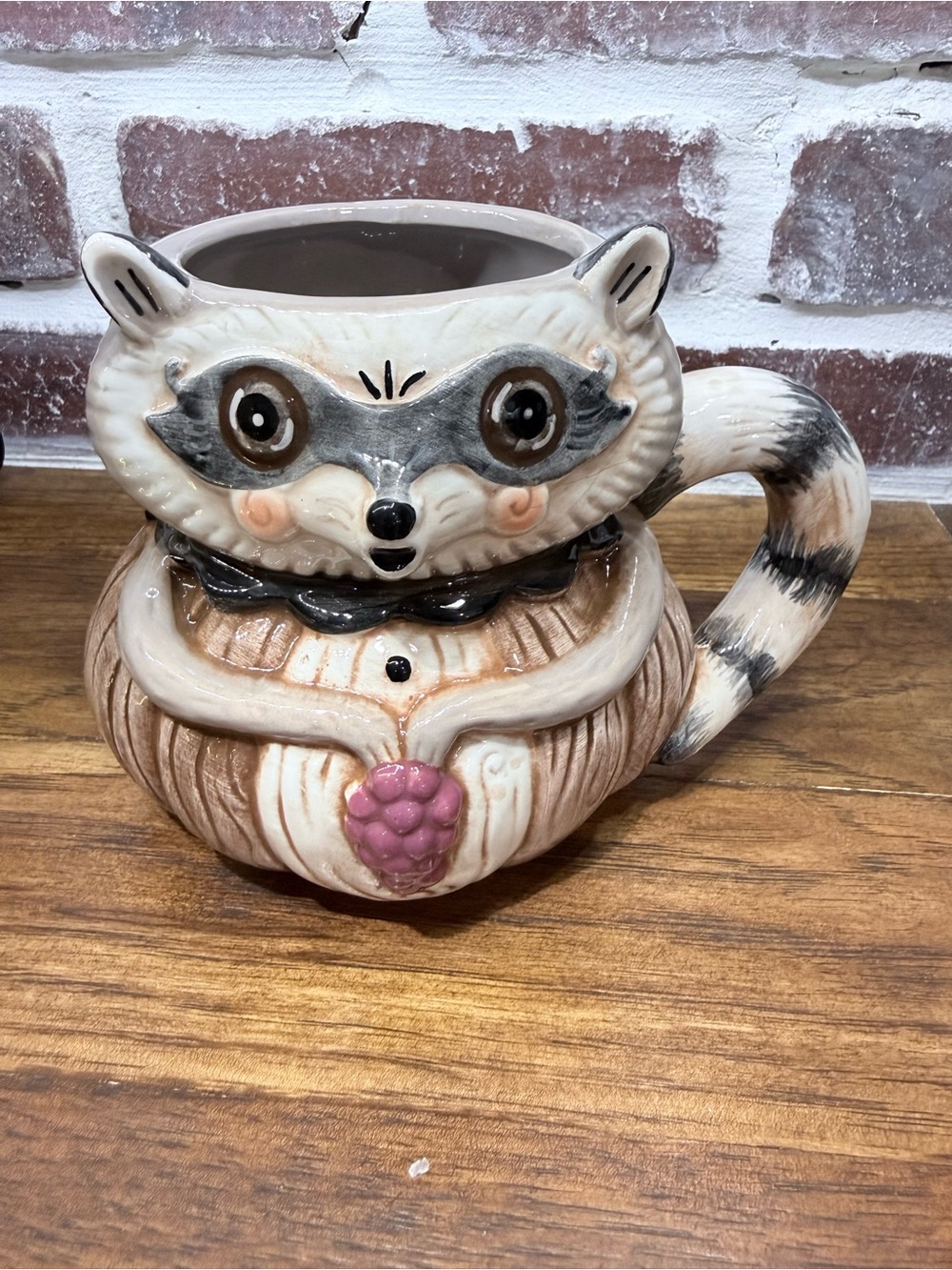 Johanna Parker Hand-Painted Ceramic Raccoon Mug - Beige and Pink